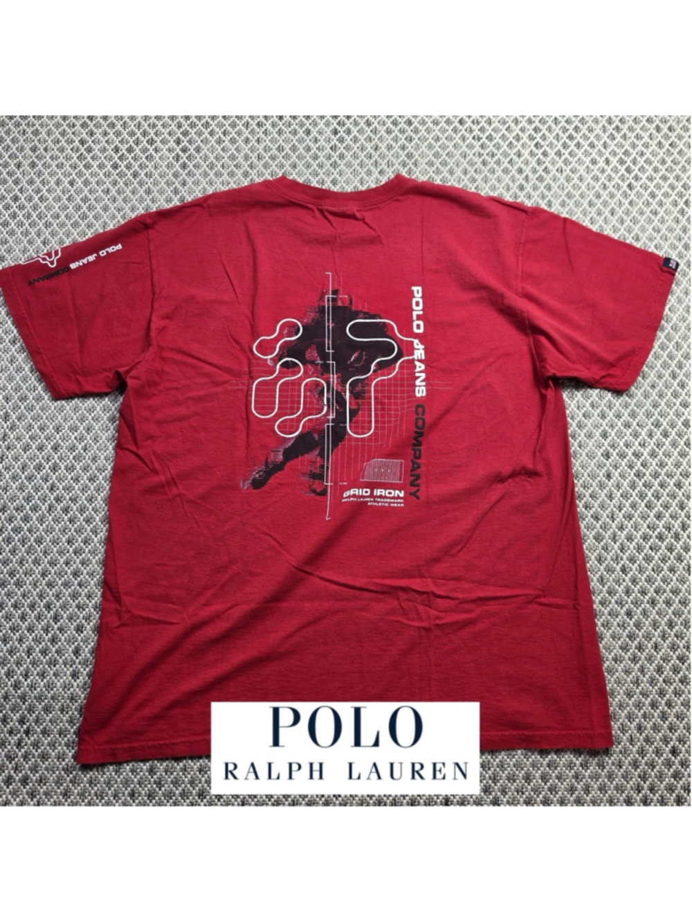 Polo Jeans Co Ralph Lauren Mens L Red Grid Iron Football Graphic T Shirt Y2K